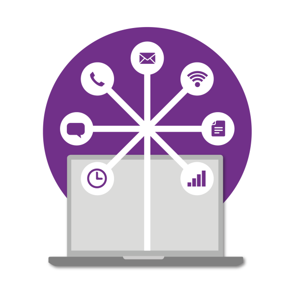 icon of a laptop with various modes of communication and connectivity
